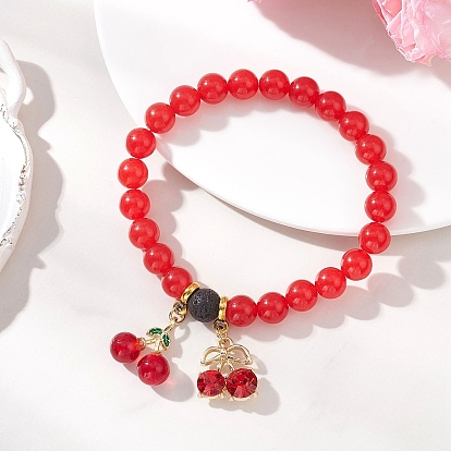 Браслеты из стекла, стекла и сплава с подвесками из страз., Эластичные браслеты для женщин из натурального и окрашенного малазийского нефрита и лавового камня., вишня