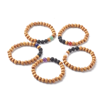 Natural Wood Beads Stretch Bracelets, with Natural Mixed Gemstone Beads, Round