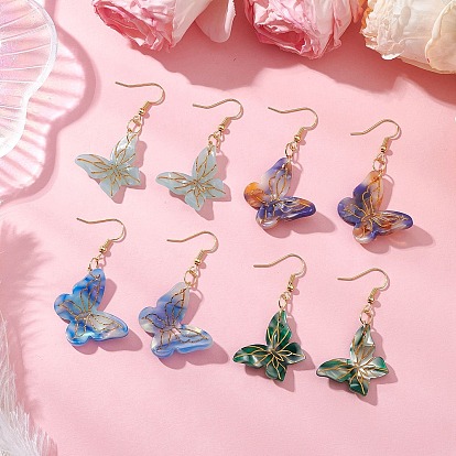 4пара латунных сережек-подвесок, с подвесками из ацетата целлюлозы в виде бабочек