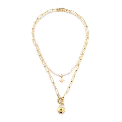 Pendant Necklaces Sets, with Natural Pearl Beads, Brass Paperclip Chains & Star Charms, 304 Stainless Steel Heart Lock Pendants & Clasps