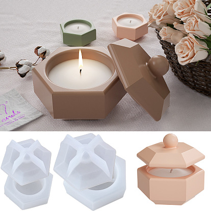 Hexagon Shape Candle Jar Molds, Silicone Concrete Molds for Candle Holder with Lids, Epoxy Resin Casting Molds