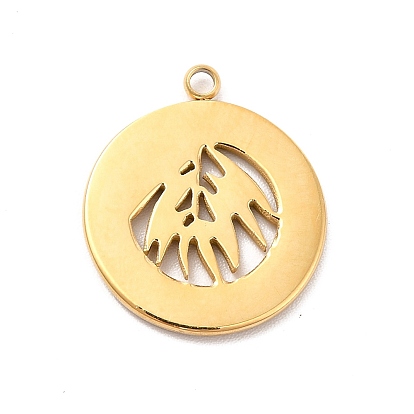 304 Stainless Steel Enamel Pendants, Golden, Flat Round with Leaf Charm