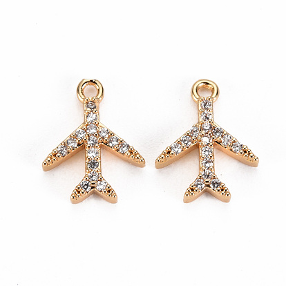 Brass Micro Pave Clear Cubic Zirconia Charms, Nickel Free, Airplane