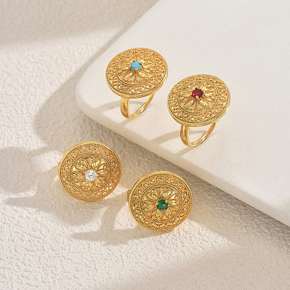 Геометрические полые плоские круглые латунные кольца с паве из кубического циркония для женщин, золотые