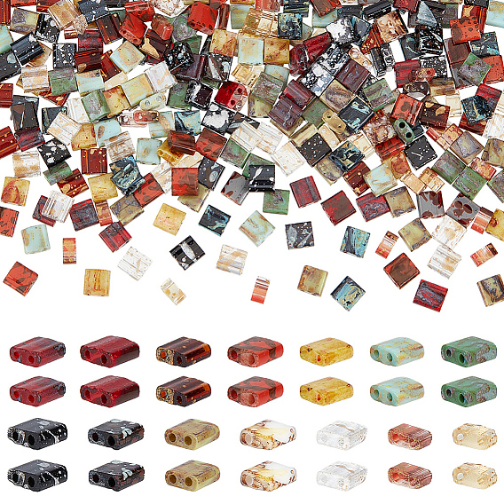 280pcs 14 couleurs 2-trou peinture de cuisson perles de rocaille en verre, carrée