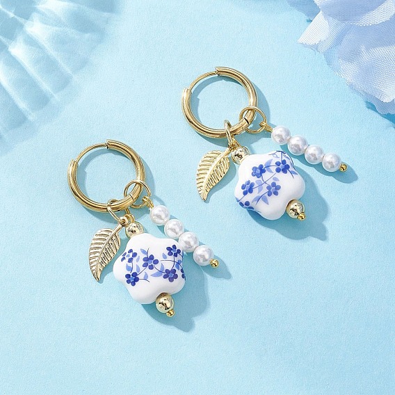 Серьги-кольца из латуни с цветком и листом, с фарфоровыми бусинами и бусинами из культивированного пресноводного жемчуга