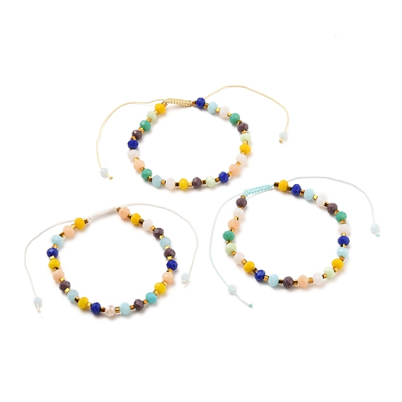 Adjustable Nylon Thread Braided Bead Bracelets, with Glass Beads, Faceted, Rondelle & Cube
