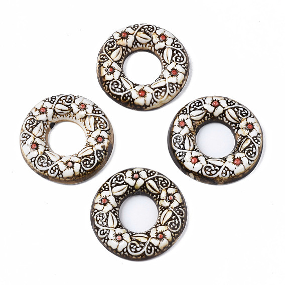 Handmade Porcelain Pendants, Ring with Flower Pattern