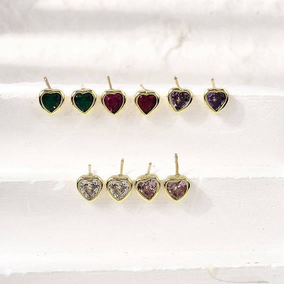 Серьги-гвоздики в форме сердца из латуни с кубическим цирконием, без кадмия и без свинца, долговечный, стойки покрытие, реальный 18 k позолоченный