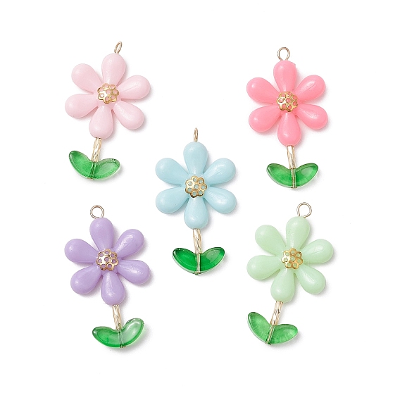 Непрозрачные акриловые цветочные бусины с железными колпачками и 304 штифтами из нержавеющей стали с плоской головкой и подвесками из прозрачных стеклянных бусин, окрашенных распылением, цветок