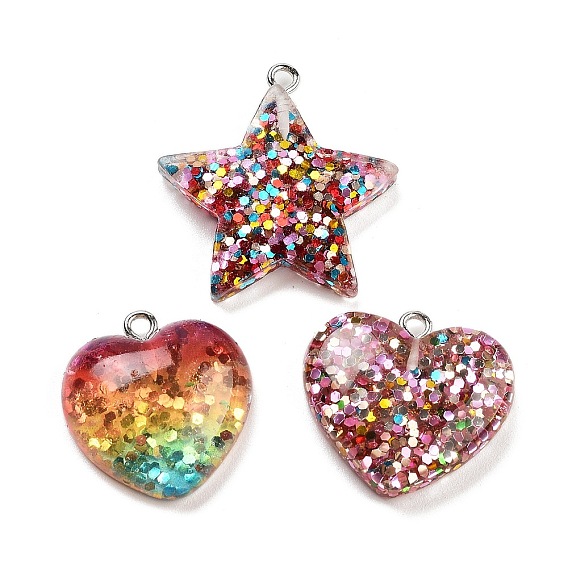 Прозрачные смоляные подвески, Подвески-звезды/сердечки с пайетками и железными петлями платинового цвета