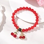 Браслеты из стекла, стекла и сплава с подвесками из страз., Эластичные браслеты для женщин из натурального и окрашенного малазийского нефрита и лавового камня., вишня