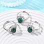 Brass Micro Pave Cubic Zirconia Cuff Rings, Oval, with Natural Malachite