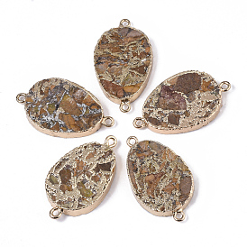Assembled Bronzite and Natural Larderite Shoushan Tianhuang Stone Links/Connectors, with Light Gold Plated Brass and Iron Loops, Teardrop