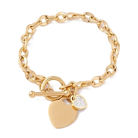 Bracelet à breloques cœur et barre avec strass en cristal et chaînes forçat, placage ionique (ip) 304 bijoux en acier inoxydable pour femmes