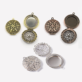 Flat Round Brass Diffuser Locket Pendants, 32x27mm, Hole: 2mm