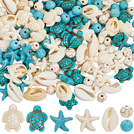 180шт. 6 стили набор бусин из окрашенного синтетического хаулита, магнезита и бирюзы, с 20шт. бусинами из натуральной ракушки каури, черепаха круглая форма панциря морской звезды