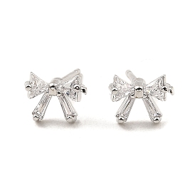 Brass Pave Clear Cubic Zirconia Bowknot Stud Earrings, for Women