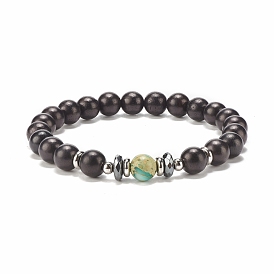 Synthetic Hematite & Natural Wood & Imperial Jasper(Dyed) Round Beaded Stretch Bracelet, Essential Oil Gemstone Jewelry for Women