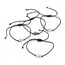 Unisex Nylon Thread Braided Bead Bracelets, with Brass Micro Pave Cubic Zirconia Beads and Brass Beads, Cross