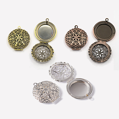 Flat Round Brass Diffuser Locket Pendants, 32x27mm, Hole: 2mm