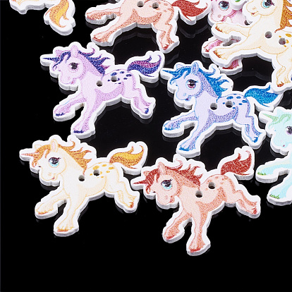 2-Hole Printed Wooden Buttons, Lead Free, Dyed, Unicorn