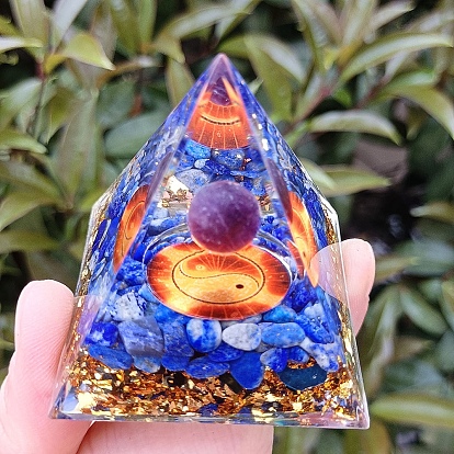 Orgonite Pyramid Resin Energy Generators, Reiki Natural Amethyst & Lapis Lazuli Chips Inside for Home Office Desk Decoration