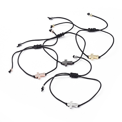 Unisex Nylon Thread Braided Bead Bracelets, with Brass Micro Pave Cubic Zirconia Beads and Brass Beads, Cross