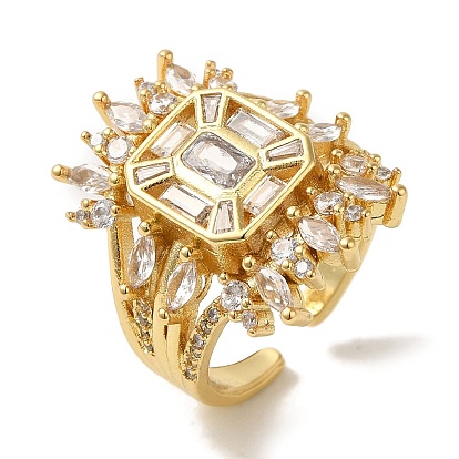 Anillo de puño de circonita cúbica transparente con micropavé de latón chapado en estante, anillo abierto de banda ancha rectangular para mujer, sin plomo y cadmio, larga duración plateado