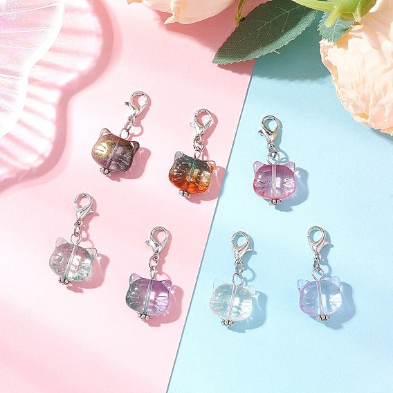 Подвесные украшения из стекла в форме головы кошки, с карабинами из цинкового сплава для украшений сумок