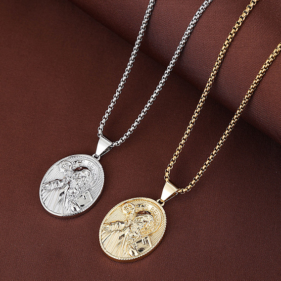 Religion Brass Emboss Saint Oval Medal Pendant Necklaces for Men Women