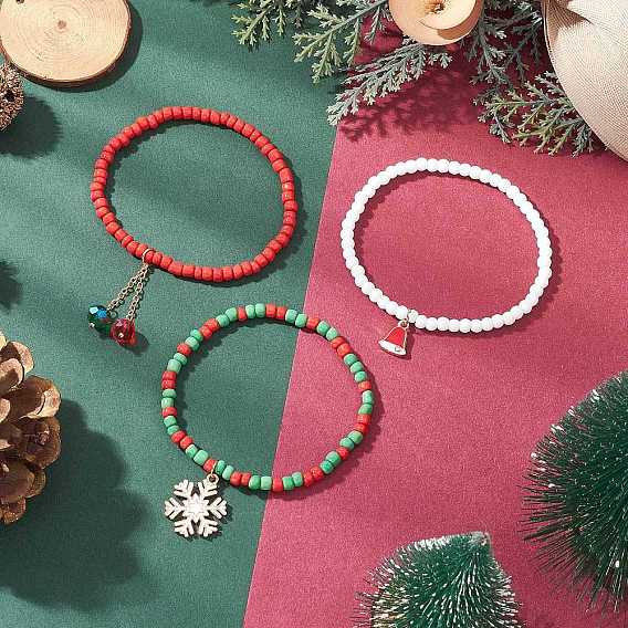 Рождественская серия сплав эмалированные браслеты с подвесками, стеклянные бусины эластичные браслеты для женщин
