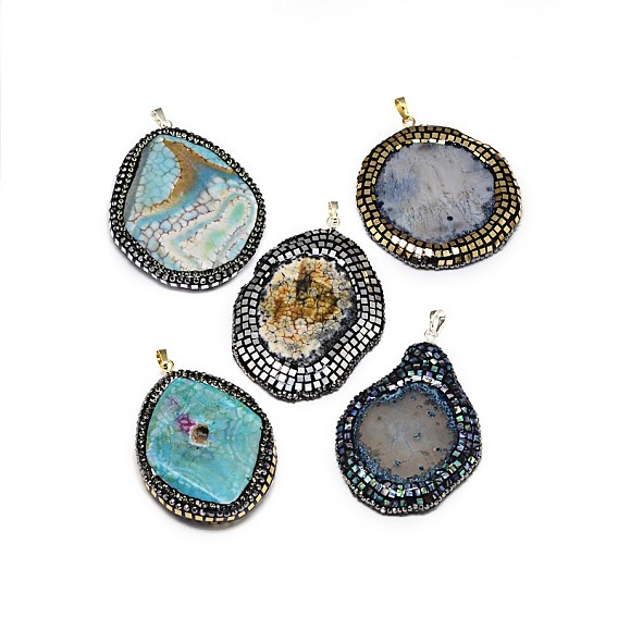 Nuggets Natural Dragon Veins Agate Big Pendants, with Rhinestones, Shell and Foils, 62~73x42~54x6~12mm, Hole: 8x5mm