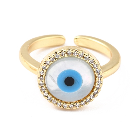 Brass Micro Pave Clear Cubic Zirconia Cuff Rings, Open Rings, Round with Evil Eye, Real 18K Gold Plated