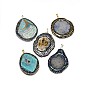 Nuggets Natural Dragon Veins Agate Big Pendants, with Rhinestones, Shell and Foils, 62~73x42~54x6~12mm, Hole: 8x5mm