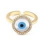 Brass Micro Pave Clear Cubic Zirconia Cuff Rings, Open Rings, Round with Evil Eye, Real 18K Gold Plated