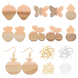 Kits de fabrication de boucles d'oreilles bricolage, 12 pcs 6 pendentifs en résine et bois de style, fraise & ananas & papillon & pomme & radis & cerise, 3.87 g 2 anneaux en laiton de style et 40 pcs 2 crochets de boucle d'oreille en laiton de couleurs