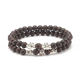 Wood Beaded Stretch Bracelet Sets, Cross Alloy Stackable Bracelets for Women or Men
