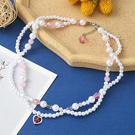 Alloy Heart Pendant Necklace, ABS Plastic Imitation Pearl & Natural Rose Quartz Beaded Chains Exquisite Necklace for Women
