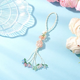 Nuggets Natural Gemstone Net Pouch Pendant Decorations, Braided Thread and Acrylic Flower Tassel Car Hanging Ornaments