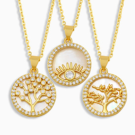 Sparkling Tree of Life Eye Necklace with Diamond-Encrusted Shell Pendant