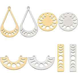 BENECREAT 16Pcs 8 Style 201 Stainless Steel Connector Charms & Pendants, Moon Phase Charms, Laser Cut, Flat Round & Semi Circle & Rectangle & Teardrop