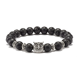 Natural Lava Rock Round Beads Stretch Bracelet, Oil Diffuser Power Stone Jewelry with Alloy Owl for Women