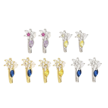 Flower Brass Stud Earrings, with Clear Cubic Zirconia, Long-Lasting Plated, Lead Free & Cadmium Free