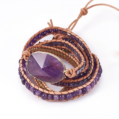 5-Loops Leather Cord Wrap Bracelets, with Glass Beads Natural Amethyst, Synthetic Hematite and Alloy Findings