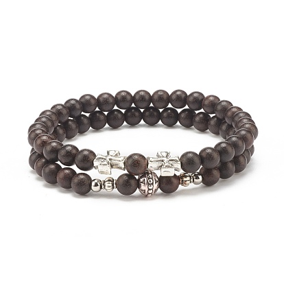 Wood Beaded Stretch Bracelet Sets, Cross Alloy Stackable Bracelets for Women or Men