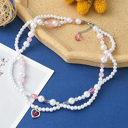 Alloy Heart Pendant Necklace, ABS Plastic Imitation Pearl & Natural Rose Quartz Beaded Chains Exquisite Necklace for Women