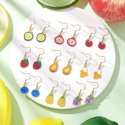 9 пары 9 стили серьги-подвески из сплава с эмалью, с 304 нержавеющей стали, золотые, тема фруктов