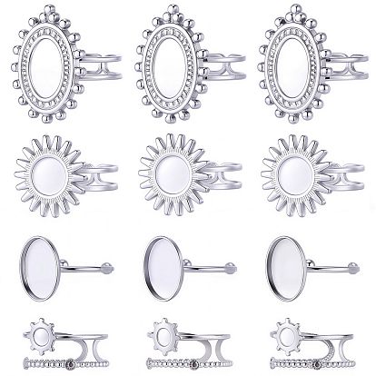 16 шт. 4 стили 304 компоненты открытого манжетного кольца из нержавеющей стали, настройка кольца колодки, овал и солнце