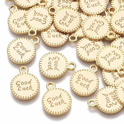 Brass Charms, Nickel Free, Flat Round with Word Good Luck